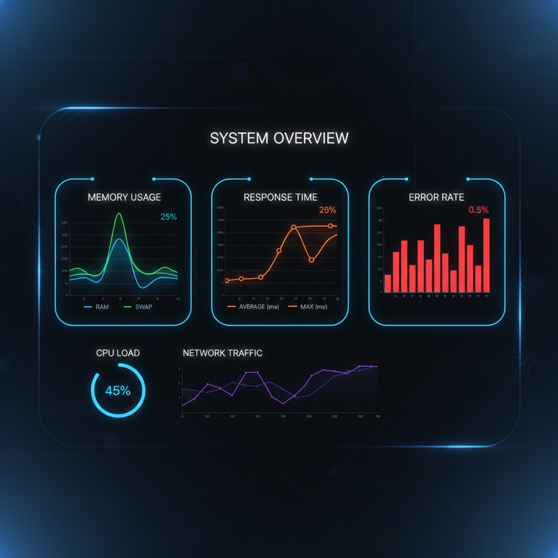 OpenClaw performance monitoring: charts for memory usage, response time, context windows, error rates